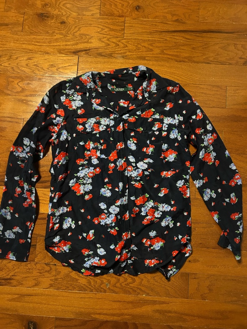 Ralph Lauren Black Top with Red & Green Floral Accents